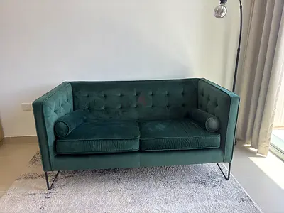 Green Velvet 2-Seater Sofa with Metal Legs - Good Condition