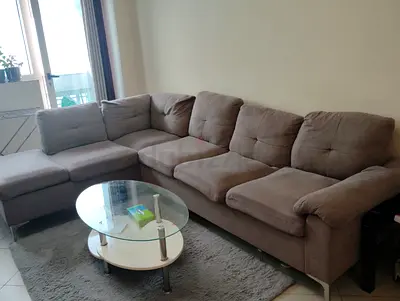 L-shaped 5-seater Fabric Sofa with Chaise - Light Brown, Good Condition