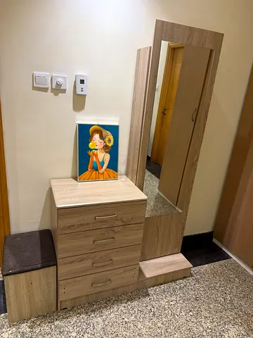 Entryway Hallway Shoe Cabinet with Mirror and Stools - Light Wood