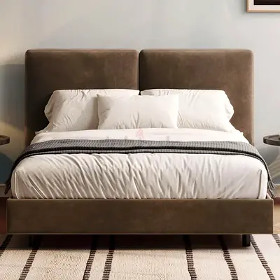Dark brown velvet split pillow headboard full bed frame