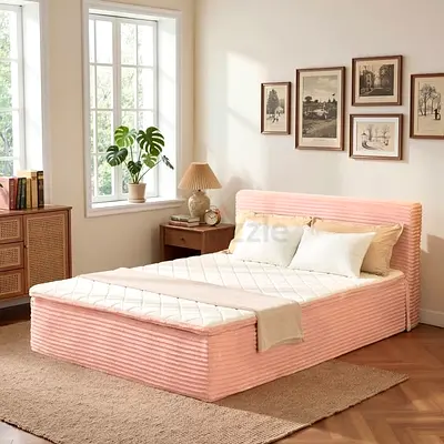 Square headboard pink corduroy fabric  full bed frame