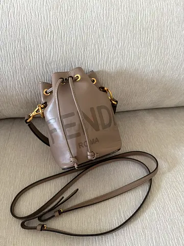 Fendi Small Beige Logo Bucket Bag with Long Strap