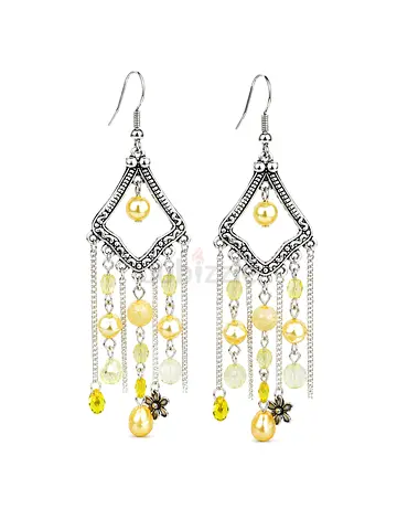 Handmade Boho Silver-Tone Chandelier Earrings with Yellow Beads