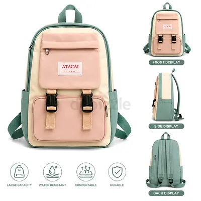 Mint Green  Pink Casual Backpack - Water Resistant, Large Capacity