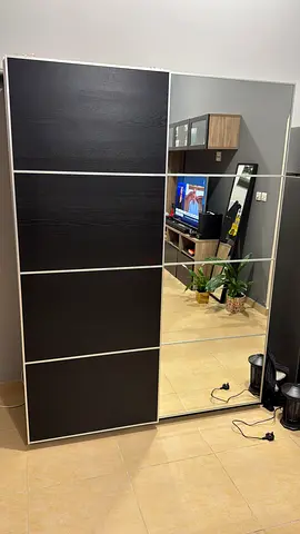 Large Black Sliding Wardrobe with Mirror Panels - Good Condition