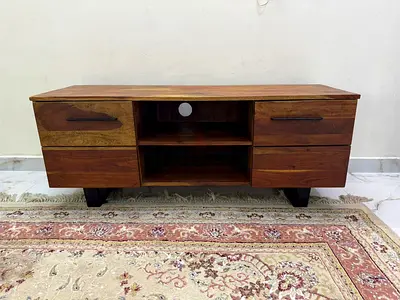 Solid Wood TV Cabinet / Entertainment Unit - 4 Drawers, Open Shelves