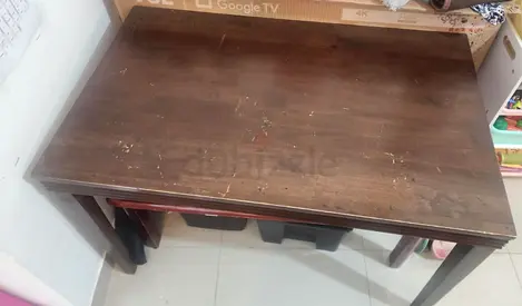 Used rectangular wooden dining table with scratches - sturdy frame and free big tea table