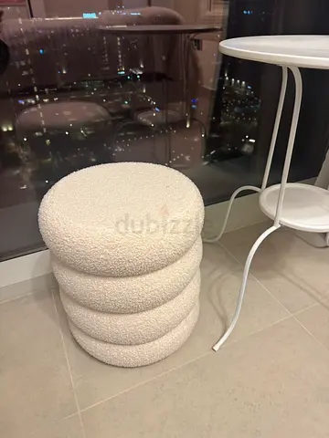 White boucle bedside stool / stylish puff chair