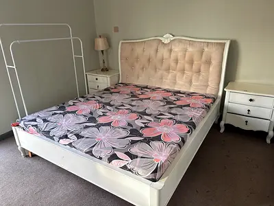 Bed with side table matress and dressing table