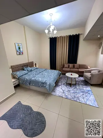 Luxurious fully furnished studio with separate kitchen and balcony ✨ Ajman Jasmine Towers. For monthly rent.
