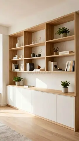 Custom built-in oak shelving unit with storage cabinets