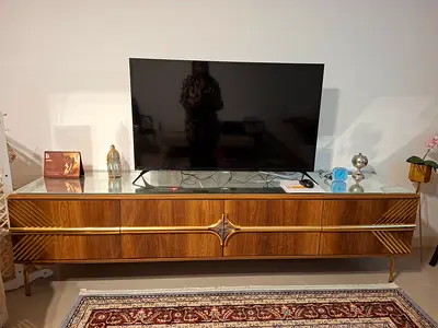 Mid-century Modern Long Wooden TV Console with Glass Top
