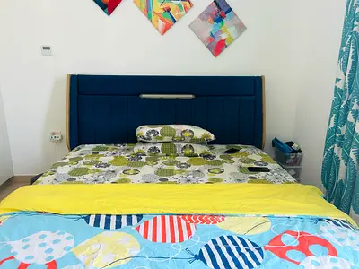 Queen bed frame with upholstered headboard - good condition