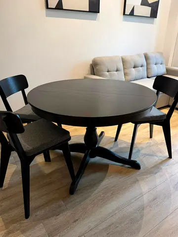 Solid Wood Round Dining Table with 4 Chairs - Black, Good Condition
