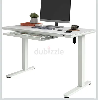 White Tempered Glass Top Electric Height-Adjustable Standing Desk with drawer