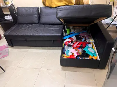 Black Leather L-Shape Storage Sofa (Right Chaise) - Good Condition