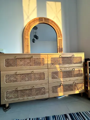 Wooden Sideboard/Cabinet with Rattan Panels and Matching Mirror - Good Condition