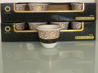 Set of Pearl Cawa Cups - 8pcs (2 Boxes) Elegant Gold Pattern, 90ml