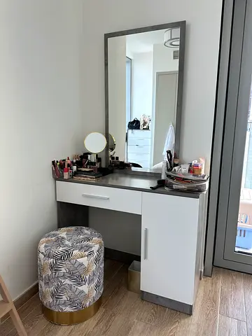 White and Grey Dressing Table with Large Mirror and Ottoman