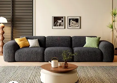Comfortable 3-Seater Curved Fabric Sofa — Dark Grey