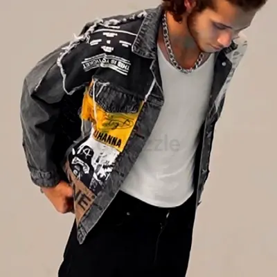 Unisex Distressed Graphic Denim Jacket - Size M (Used)