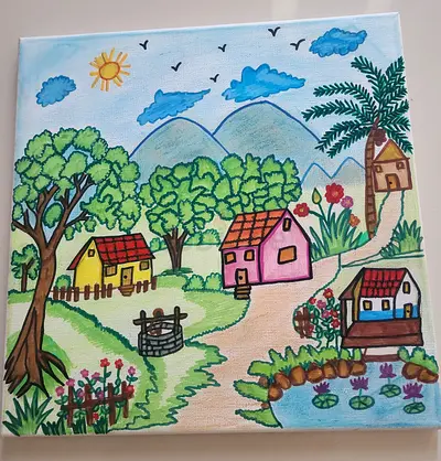 Handmade Art Drawing for sale...Nature village scenery