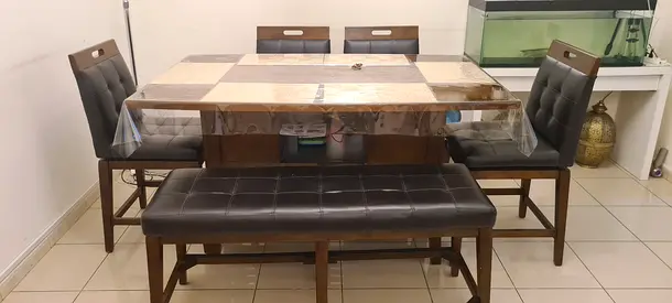 Wooden Dining Table Set with Bench and 4 Chairs - Good Condition