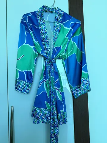 Silky Blue-Green Printed Long Sleeve Wrap Dress/Top with Tie