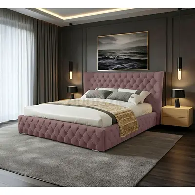 Queen tufted upholstered fabric Bed Frame with headboard - dusty rose luxurious Design