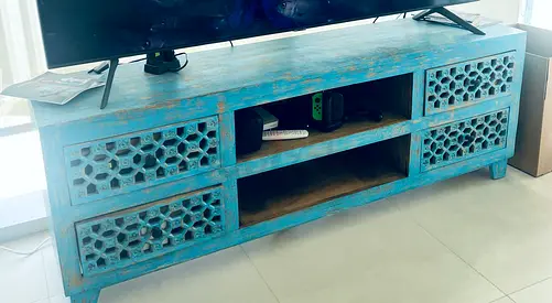 Solid Blue Wood Blue TV Cabinet with Carved Drawer Panels 170x40 cm