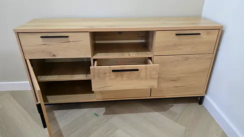 Oak Sideboard Cabinet with Drawers and Shelves with black accents