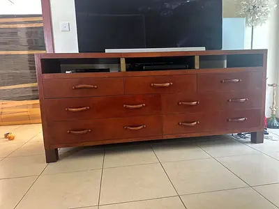 Solid leather/ wood TV Console / Media Unit with 3 Open Slots and 9 Drawers