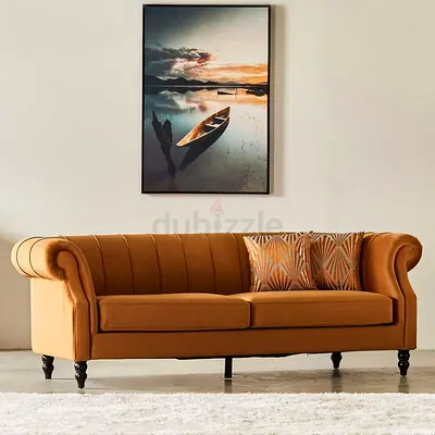 3 and 4 Seater Camel Brown Fabric Sofa - Classic Chesterfield Style