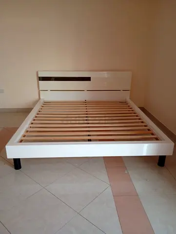 White Wooden Double Bed Frame with Slats and Headboard