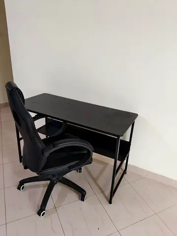 Simple Black Study Desk with Ergonomic Office Chair - Good Condition