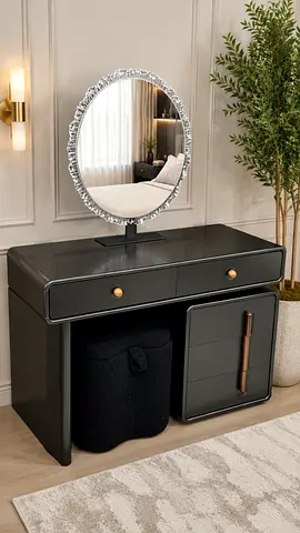 Modern Black Dressing Table with Round Decorative Mirror