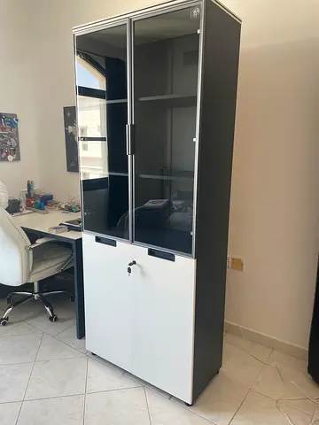 Two-tone Office Storage Cabinet with Glass Doors and Lock