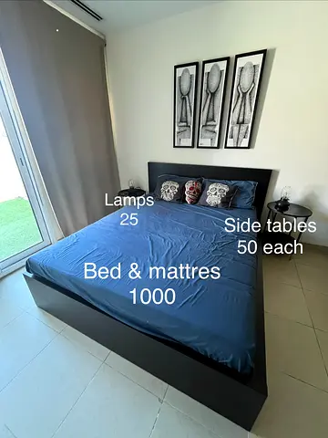 Queen bed frame with mattress and matching side tables - dark wood set