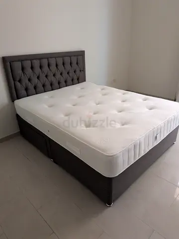 Queen size tufted fabric bed frame with mattress , 150 cm wide , Expat moving