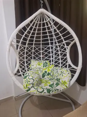White Rattan Hanging Egg Chair with Stand and Cushions