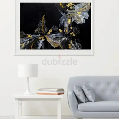 Original Abstract Floral Painting in Black, Gold and Silver (Framed)