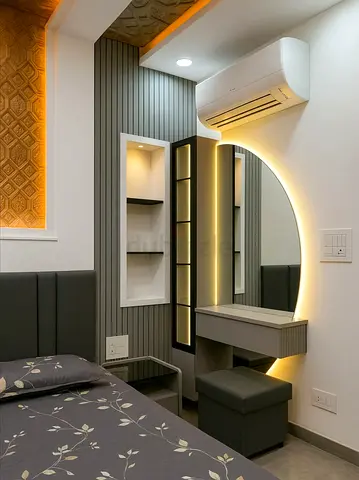 Compact bedroom vanity set with LED mirror and stool