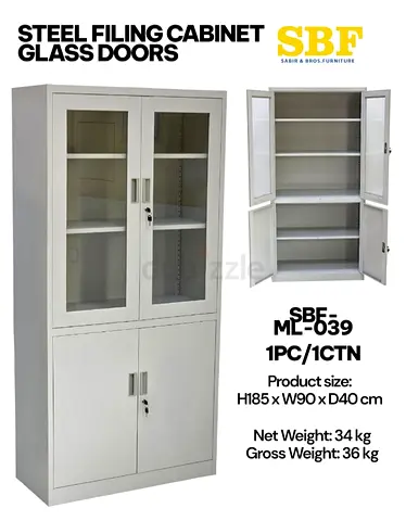 Steel Filing Cabinet with Glass Doors - 4-Shelf, Lockable (H185 x W90 x D40 cm)
