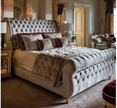 Luxurious Tufted Velvet King Bed with Sleigh Headboard and Footboard