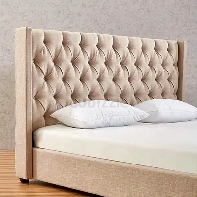 Beige Tufted Fabric King Bed Frame with Winged Headboard