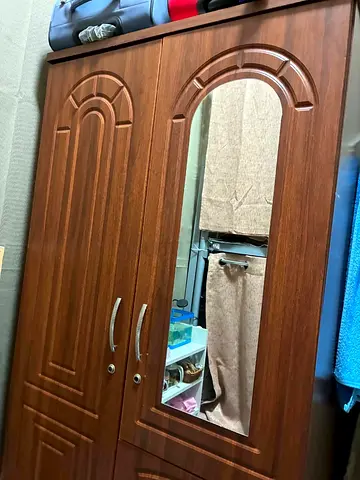 Wooden 2-Door Wardrobe with Mirror - Good Condition
