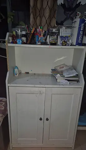 White Wooden Storage Cabinet with Shelves and small study desk  - Used