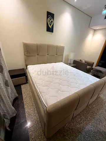 King size upholstered bed frame with mattress (beige)
