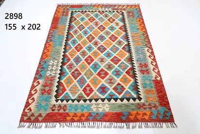 Afghan wool Hand knotted Kilim Rug carpet  - 155 x 202 cm, Geometric Multicolor Pattern