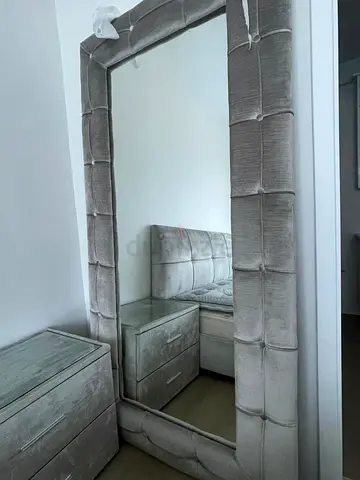 Full-Length Padded Velvet Mirror — Light Grey, Floor Leaning
